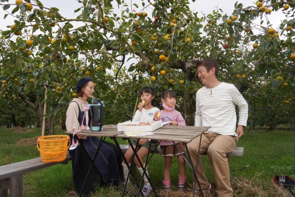 果樹園でピクニックをする家族の画像
